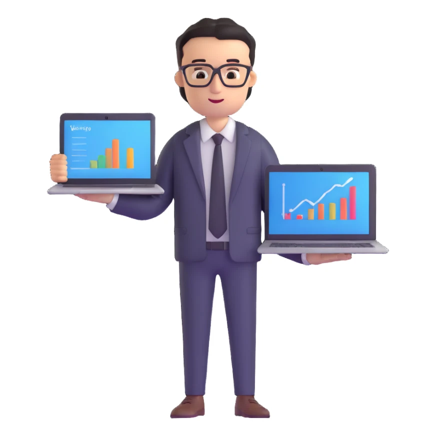 successful entrepreneur with laptop and business chart sticker