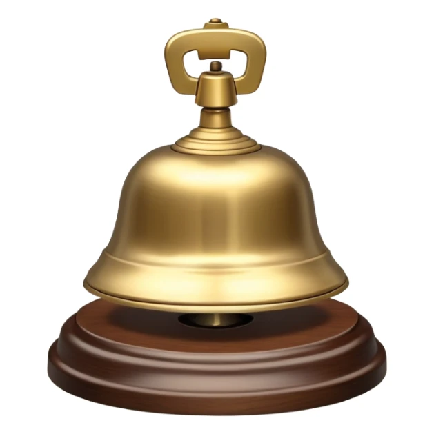 A hotel bell with a polished brass surface on a wooden base sticker