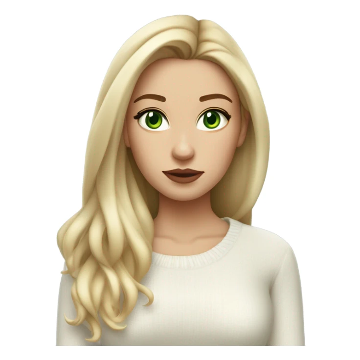 light medium skin, high cheekbone, solo blonde girl with green eyes, medium bust, white sweater, long blow out hair, baddie, middle part, sultry sticker
