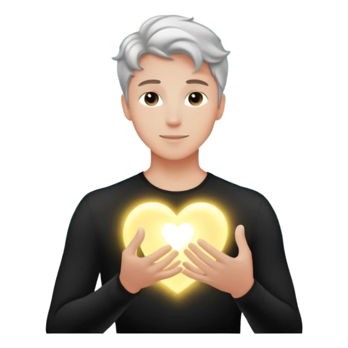 radiant youthful male silhouette with soft flowing light waves, glowing spark at heart, faint ripple of energy at fingertips, minimalist black or silver silhouette with gentle aurora-like glow sticker