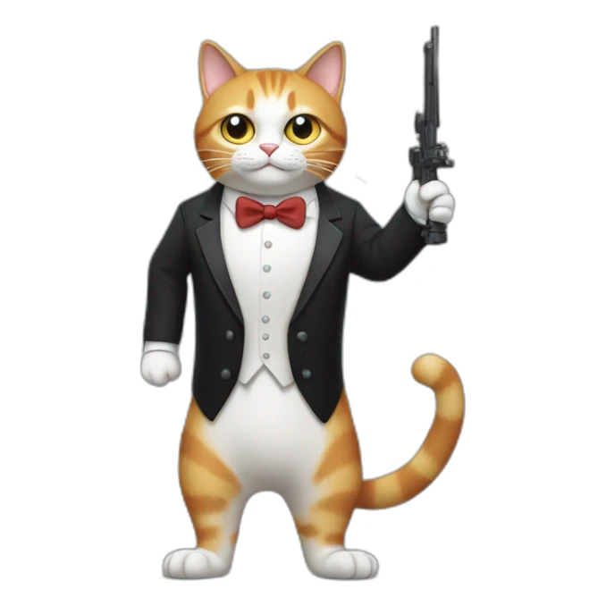 A full-length cat in a tuxedo, holding a weapon in its paws sticker