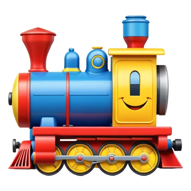 A colorful toy train engine with a big happy smiling face on the front sticker