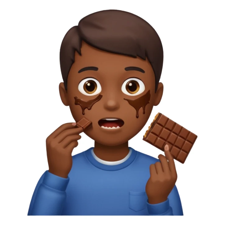 A boy holding a chocolate bar with him chewing on the bite he took sticker