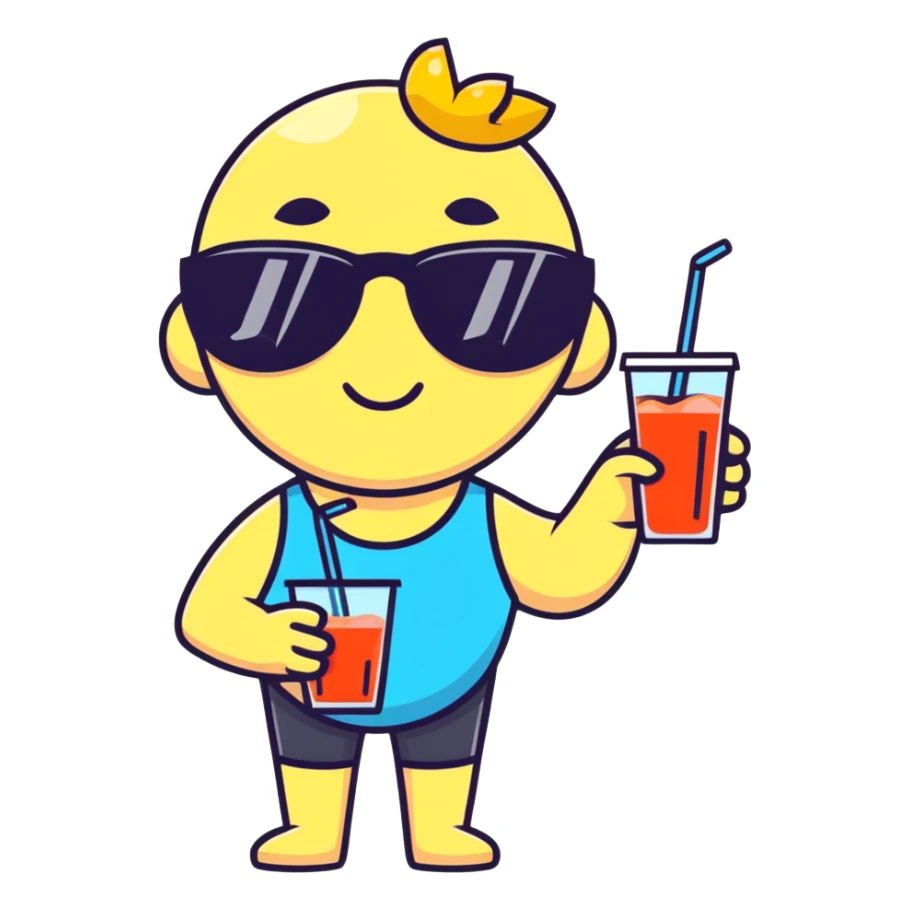 hand with sunglasses, holding fruit juice, on a sunny beach sticker