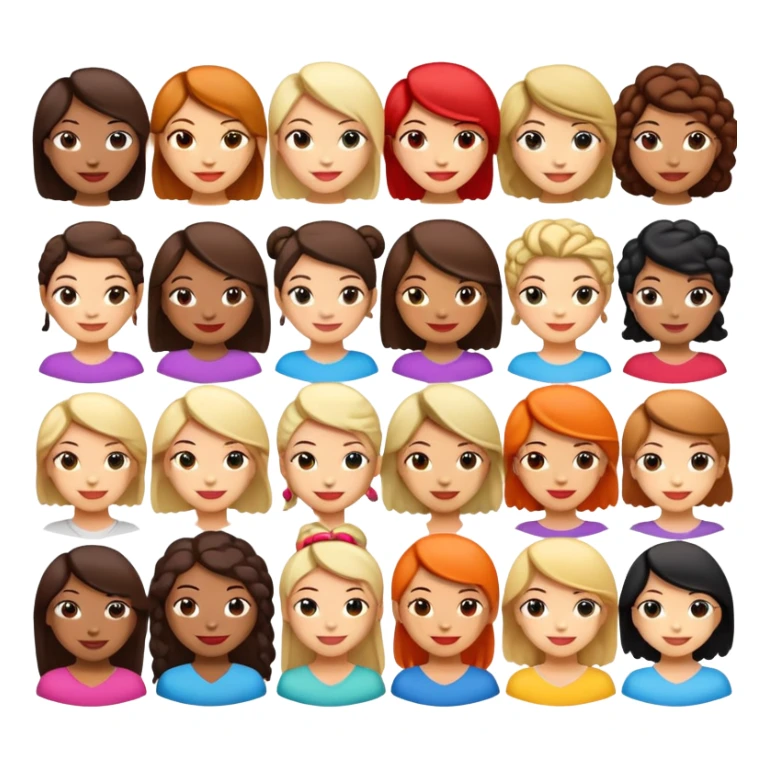 Design a set of emoji-style characters representing diverse women from around the world. Include different skin tones, hairstyles, clothing styles, and cultural backgrounds. Each woman should be smiling or expressing a positive emotion. The emojis should be simple, colorful, and suitable for digital use, with a friendly and inclusive look.” sticker