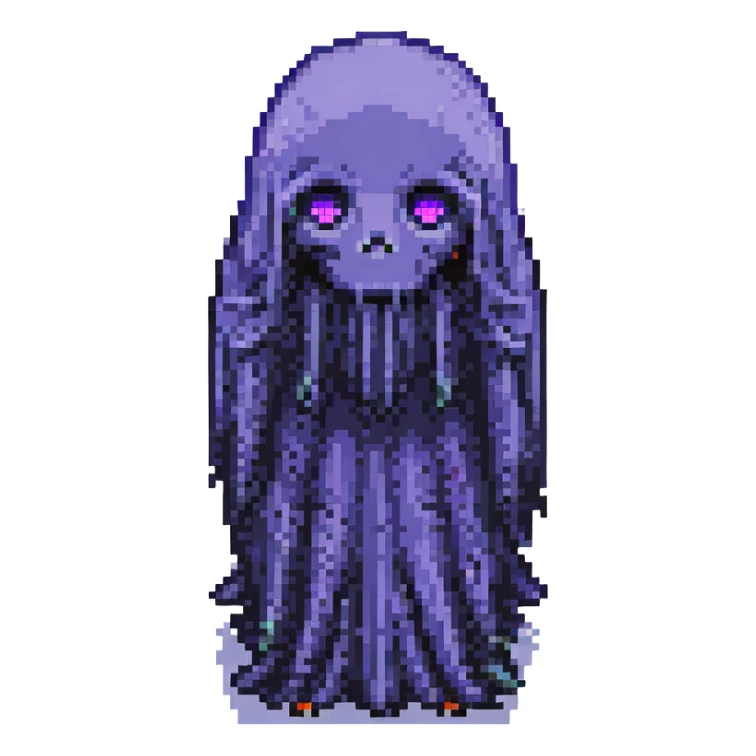 an unknown black tall ghost with hair covering its shiny purple eyes, pixel art style sticker