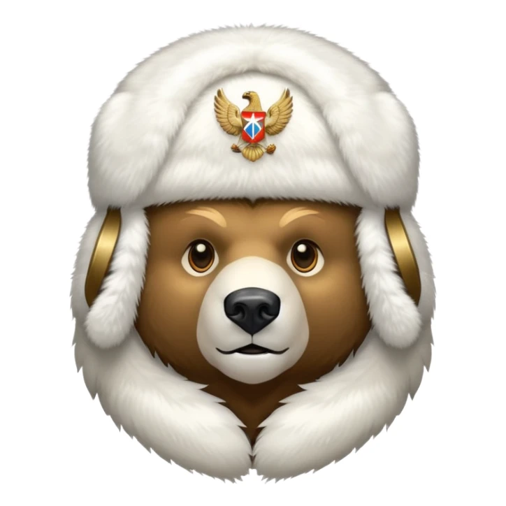 Bear head only in white fur ushanka hat with accurate Russian Federation eagle emblem clearly visible in center, iOS emoji style sticker