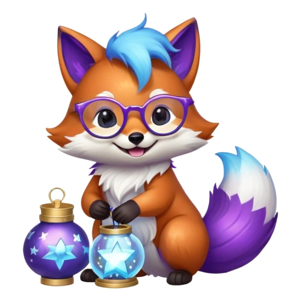 A small magical fox with shimmering purple and blue fur, a glowing fluffy tail, a silver star on its forehead, and round glasses, holding a tiny magical lantern, rolling on the floor and laughing uncontrollably. 🦊🤣 sticker