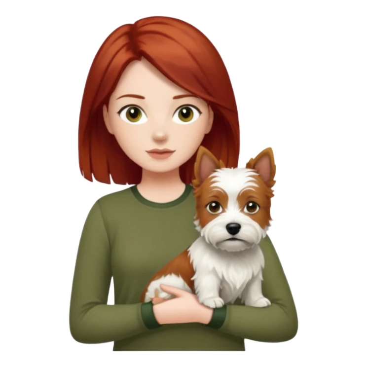 Westhighland white terrier dog being held by woman with dark shoulder length red hair and hazel eye wearing olive green top sticker