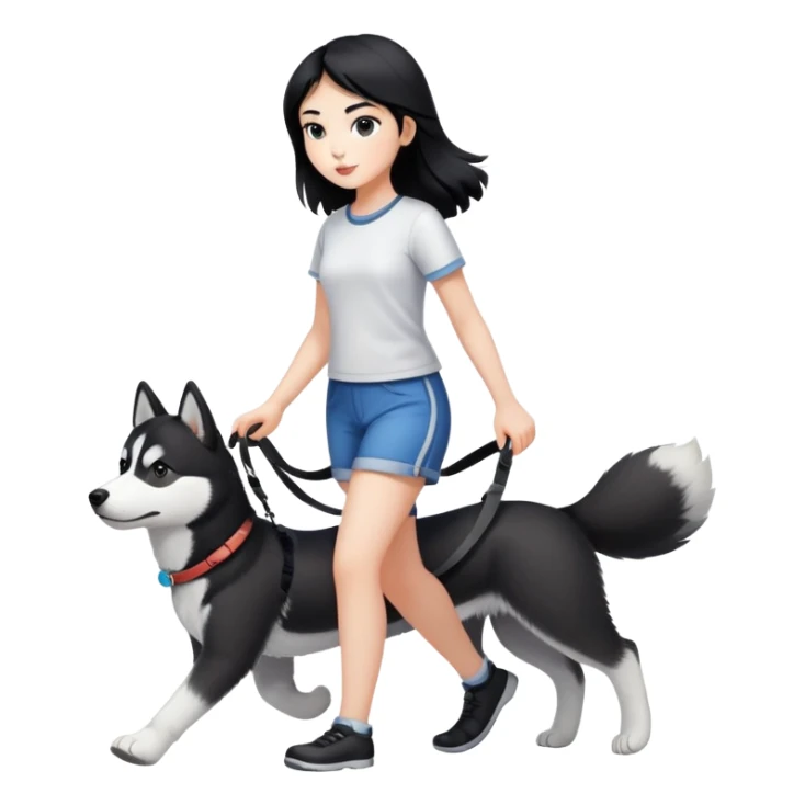 A black-haired girl walks a black and white husky sticker