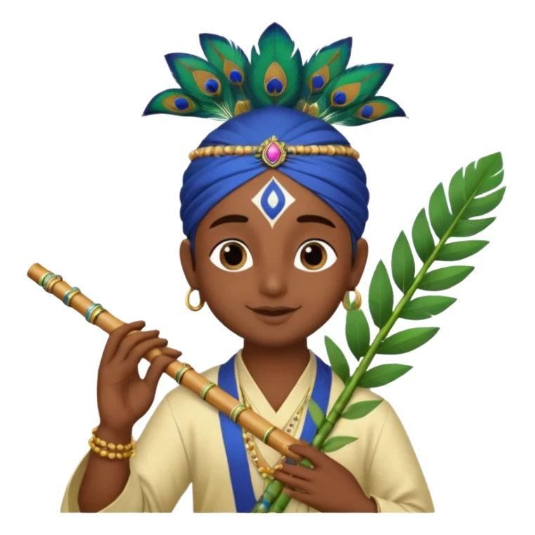 Lord Sri Krishna carrying only one peacock feather on his head with cute face and play flute with happy face sticker