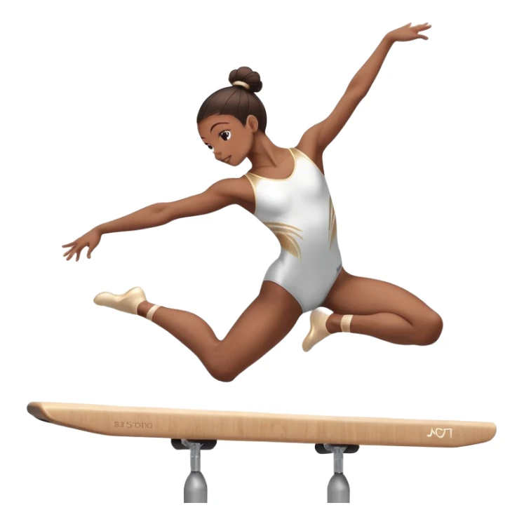 An acrobat performing a dynamic move on the balance beam, rings, or parallel bars, showcasing strength and precision. The acrobat is in mid-action, gracefully balanced, with a focused expression. The background features a professional gymnastics gym with bright lights and a cheering crowd sticker