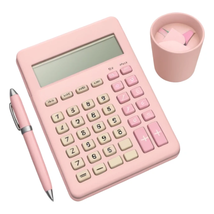 Soft pastel flatlay with pastel pink calculator, beige pen, and study notes  sticker