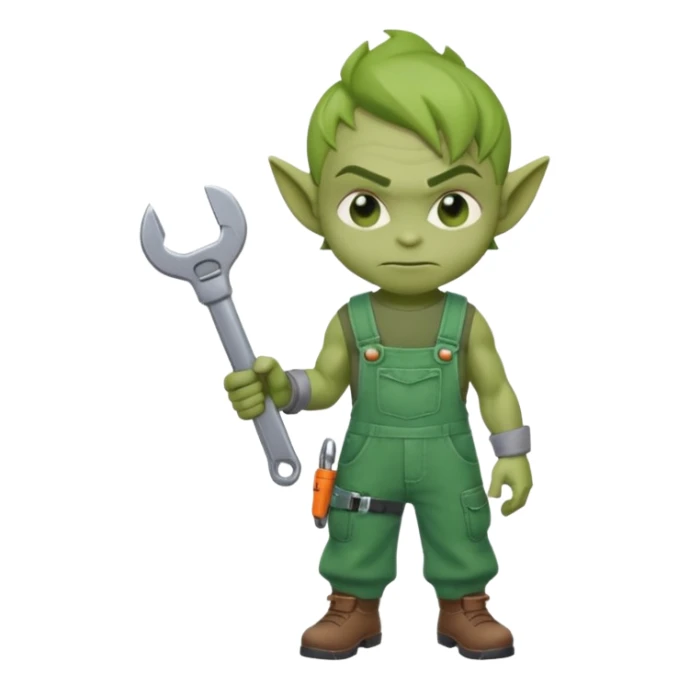 short green goblin, hold a wrench, cute chibi full body sticker