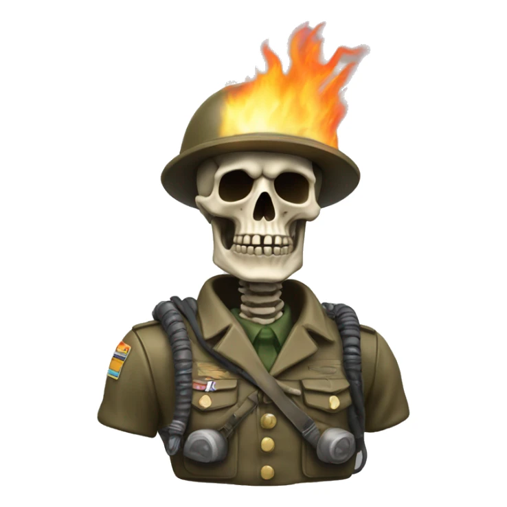 A bust of a WWII skeleton soldier with a flamethrower sticker