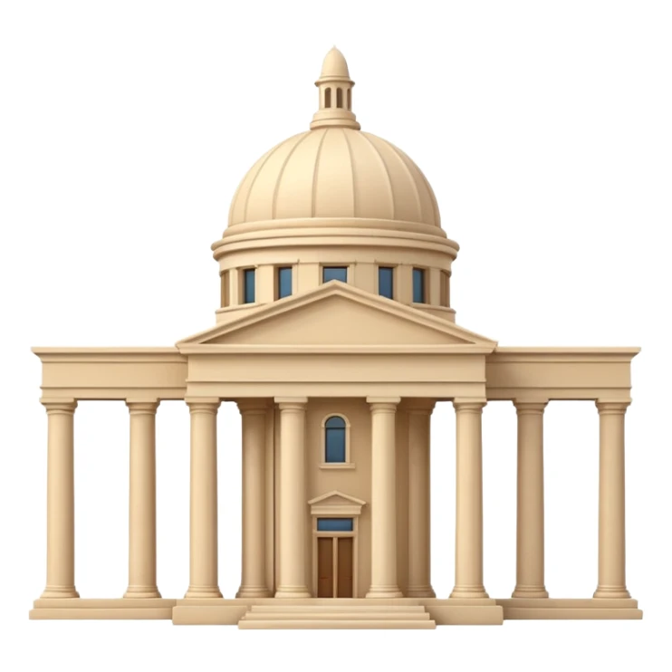 Minimal 3D emoji style government ministry building, classical architecture with columns and triangular roof, official state institution, neutral beige stone, clean shading, financial institution icon, isolated on transparent background, professional, no flags, no text sticker