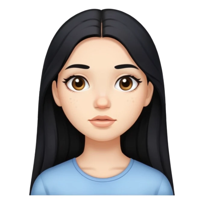girl with long black hair, soft makeup, and acne on her face sticker