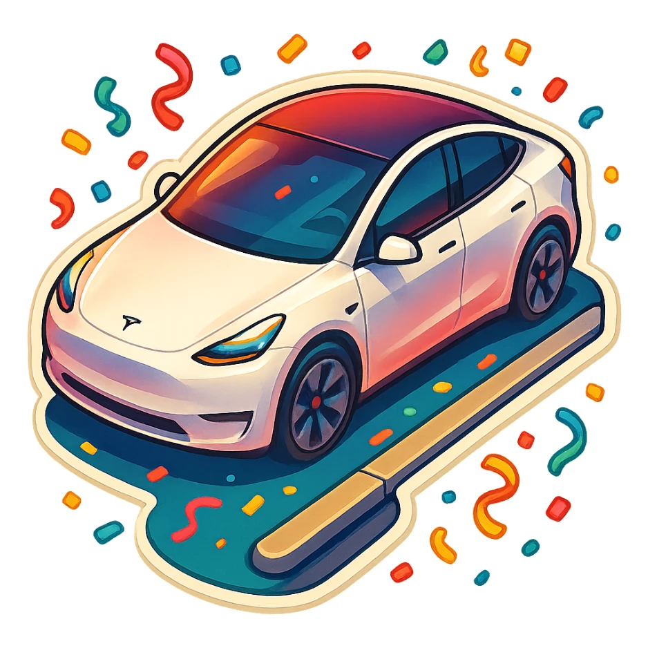 A Tesla Model Y parallel parking at a curb, from above, with confetti sticker