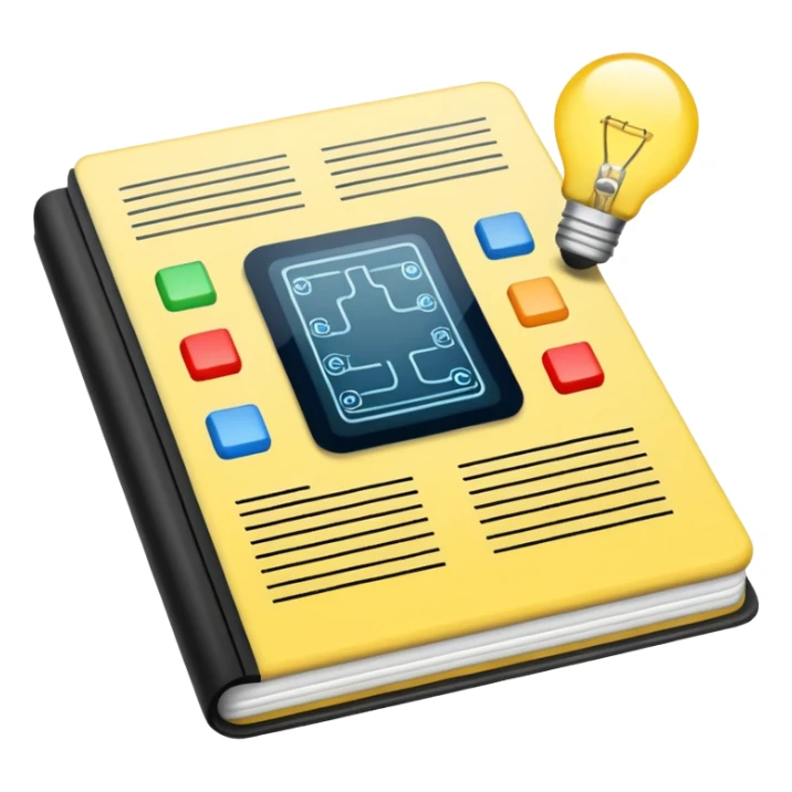 emoji illustrant l'écriture assistée par IA, un carnet ouvert avec des circuits ou une lumière d'idée sticker