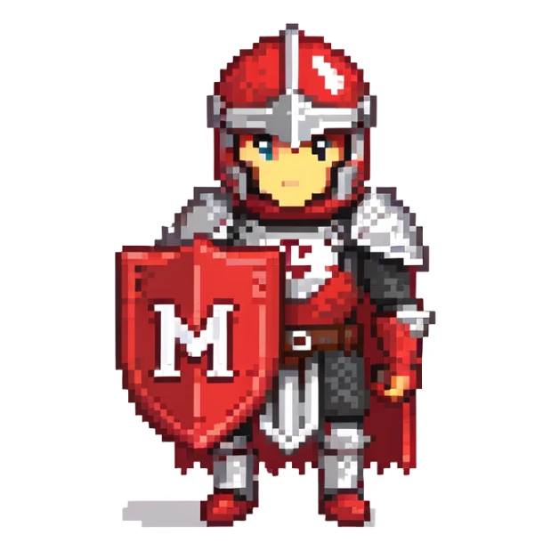 Knight with red and black armor holding a shield with the letter M on it sticker