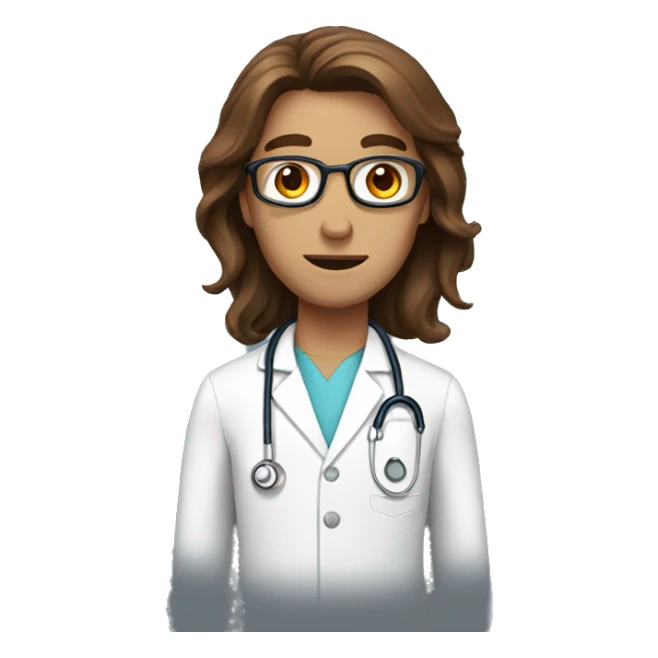 doctor with long brown hair and brown eyes and red face sticker