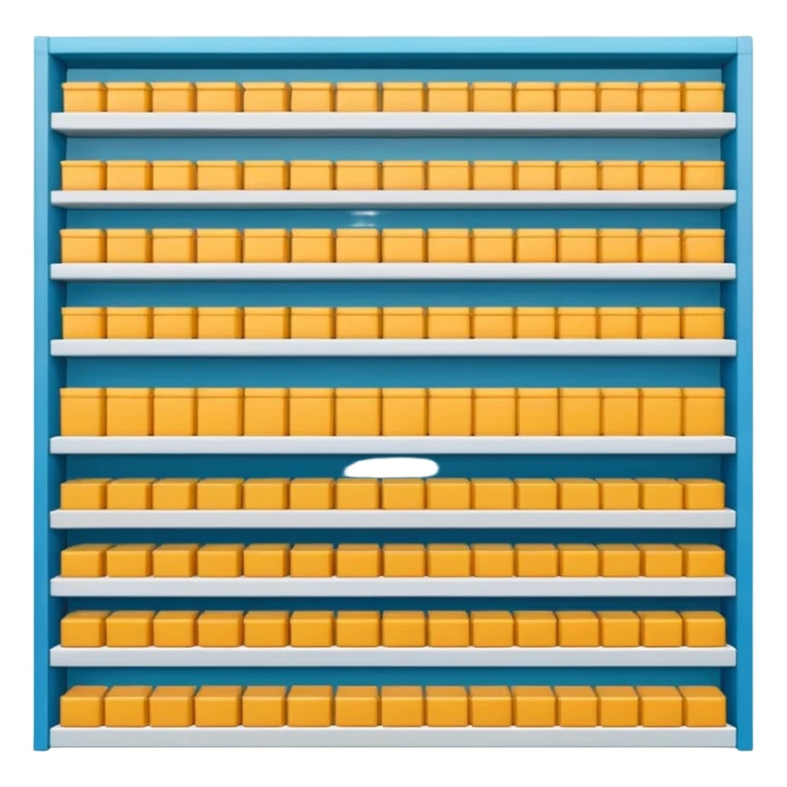 "Minimalist Japanese shelf display, products aligned identically in horizontal rows, each item repeated directly behind the other (multiple units in depth), vertically varied by type, clean spacing, precise symmetry, soft neutral lighting, front-facing packages, ultra-detailed." sticker