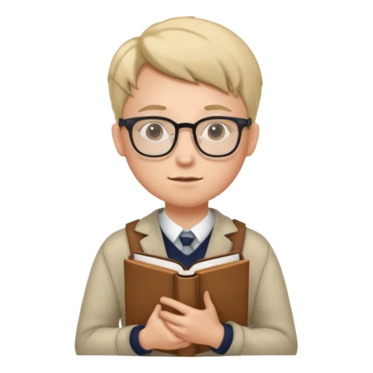 A student wearing glasses, hold book in front of their chest sticker