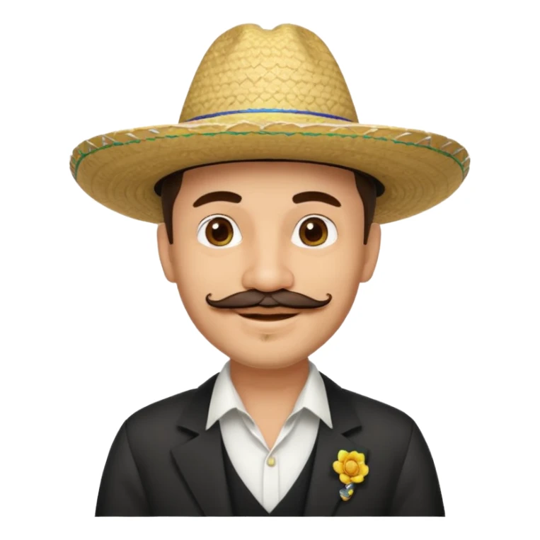 A happy, light skinned, Colombian man, with a small not connected mustache, a small gotee, wearing a Colombian Sombrero Voltiao with black rings on it, and wearing a white dress shirt sticker