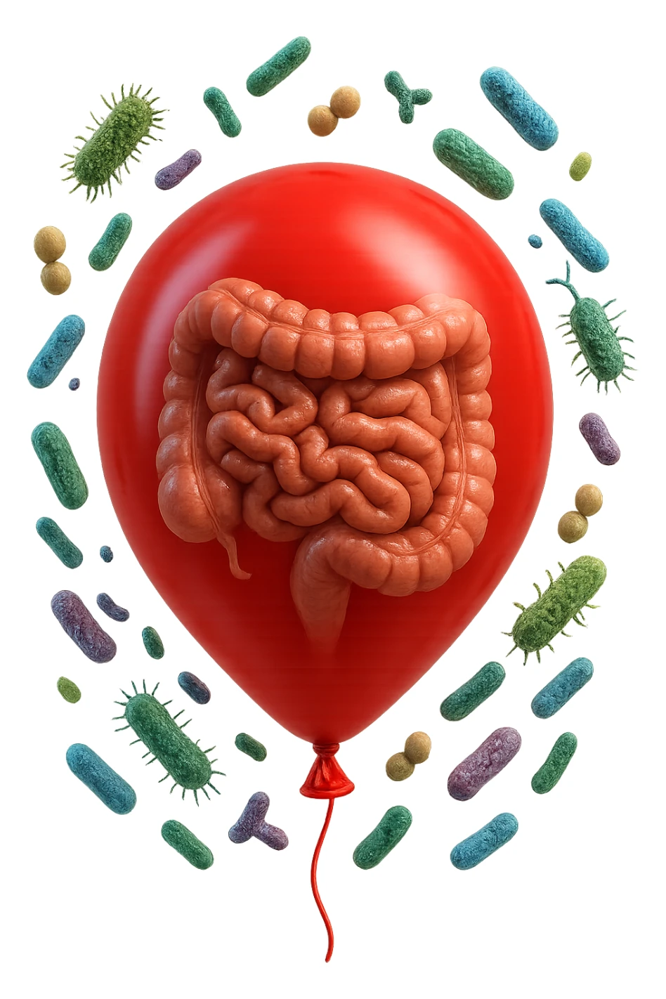 intestino umano anatomico chiuso in un palloncino rosso con batteri intestinali che fluttuano intorno, iperrealistico 4k sticker