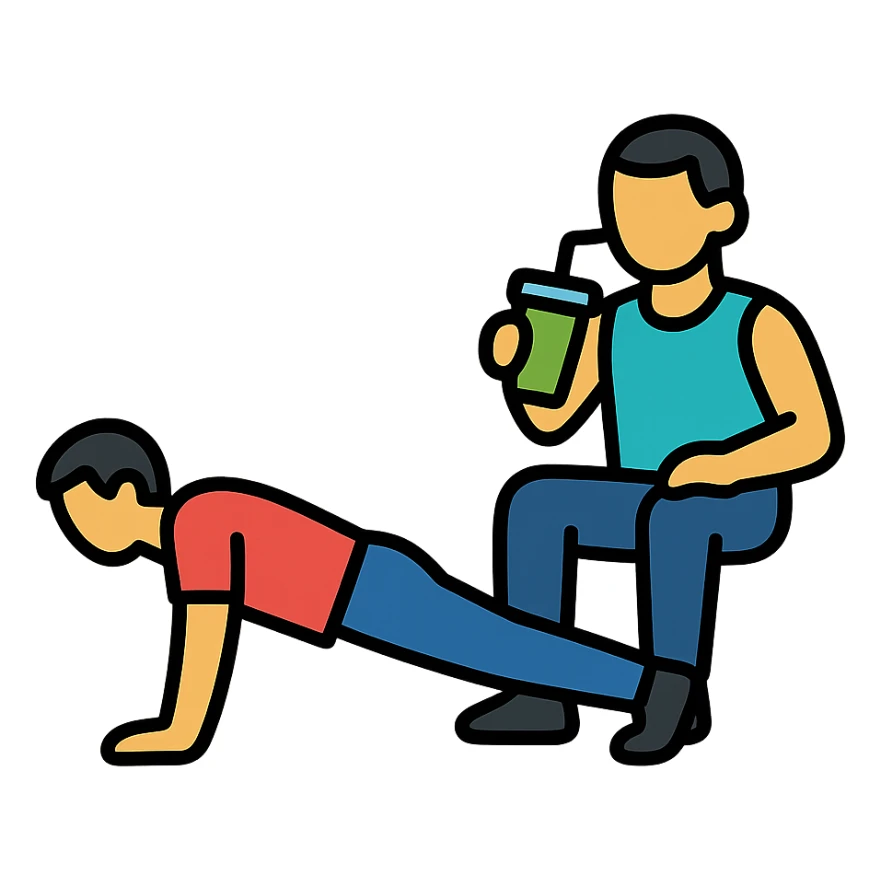 one man doing push-ups, the other man relaxed and drinking a smoothie, icon style, fitness theme, clean lines sticker