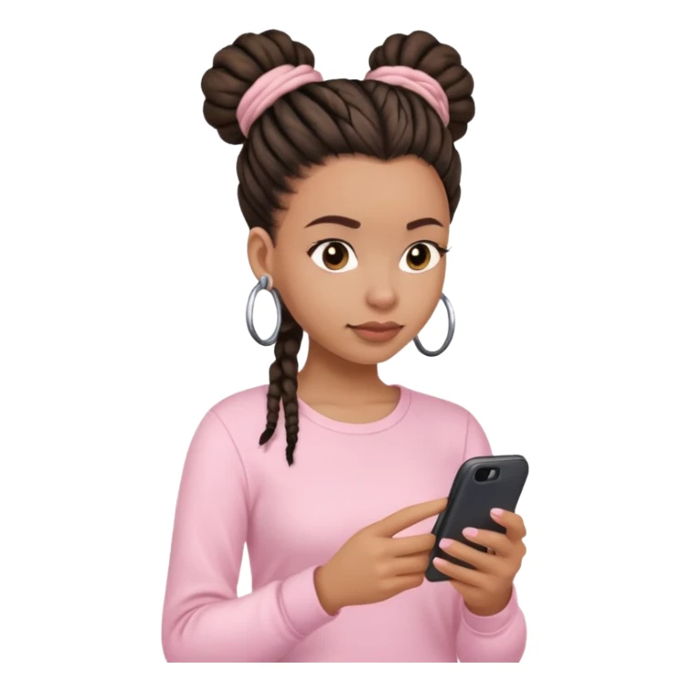 Dark brown woman wearing a light pink shirt and dreadlocks in bun texting on a Light pink phone sticker