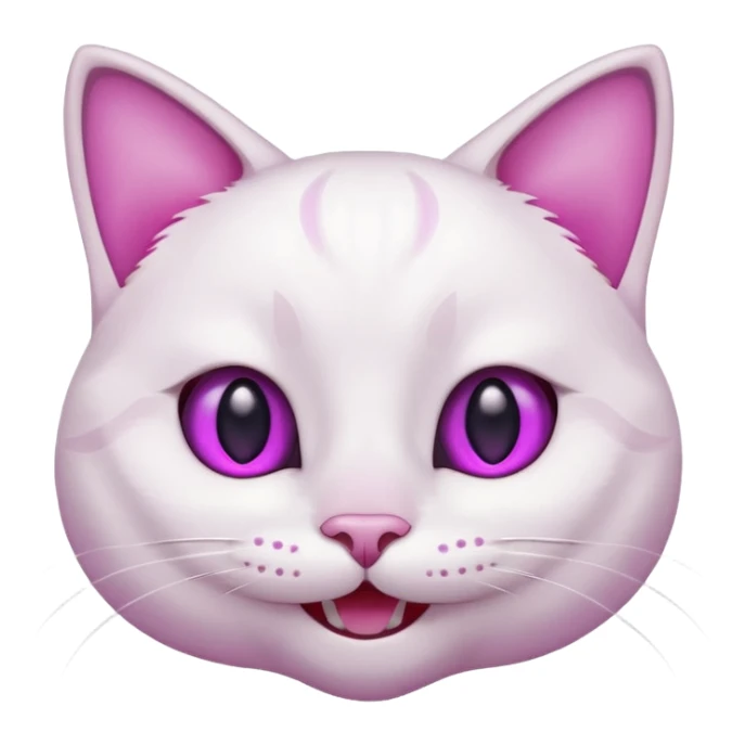 White cat happy smiling with teeth showing, light pink inner ears, magenta purple eyes, looks like discord's :smiley_cat: emoji sticker