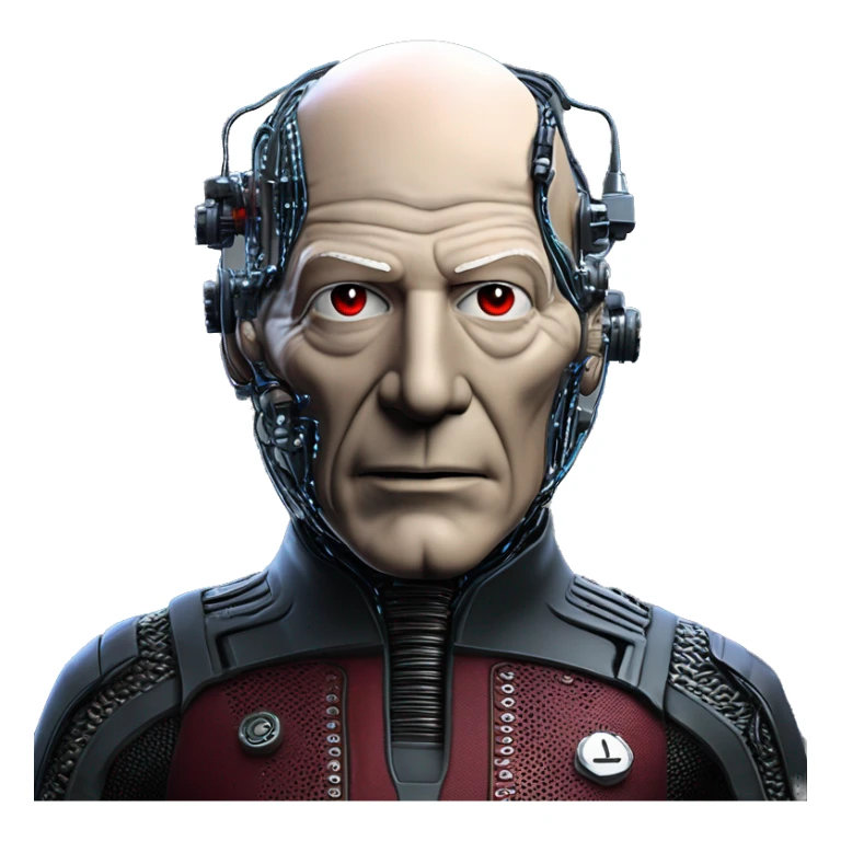 Jean luc picard from Star Trek assimilated by the Borg, with mechanical metal covering the left side of his face, with wires and a red light on the left side. His eyes are blue sticker