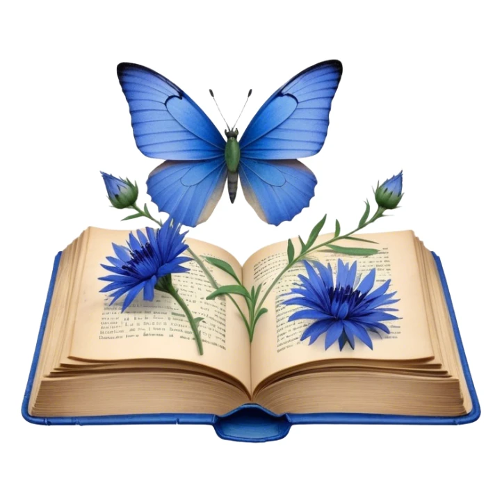 A vintage book with a worn blue cover, open to reveal pressed blue cornflowers and a resting green butterfly. sticker