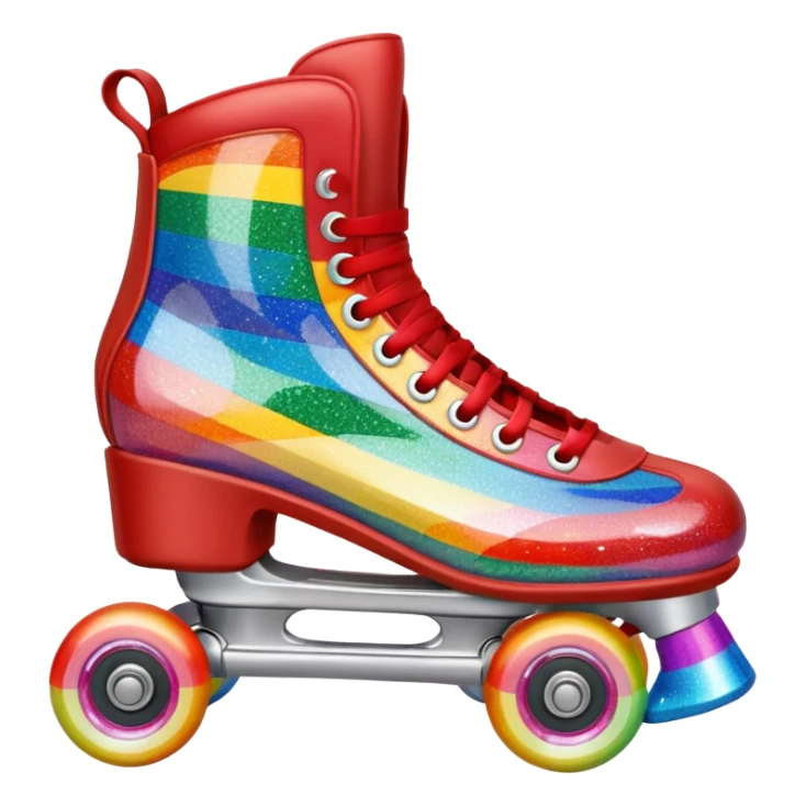 red vintage glitter roller skate with a white leather boot, rainbow stripes glitter sticker