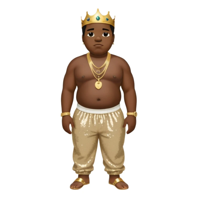 Biggie Smalls with ivory sequin baggy pants, shirtless with necklace sticker
