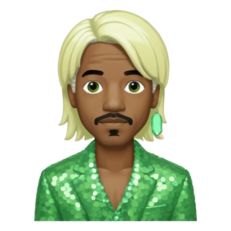 Andre 3000 from Outkast with long white blonde hair, pale green sequin outfit sticker