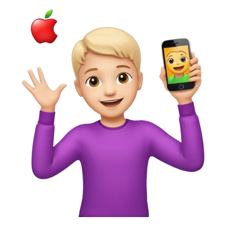 happy child dancing with a phone, both arms outstretched, apple style emoji sticker