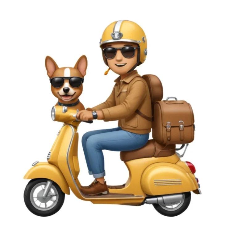 man and his pet dog riding a vespa sticker