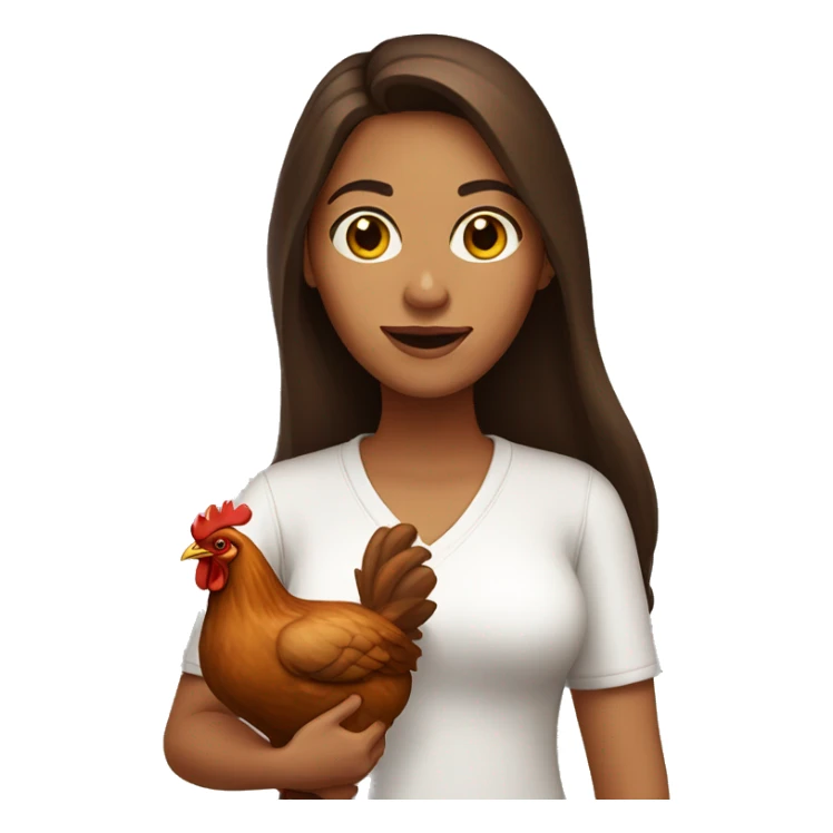 woman with long brown hair and brown eyes holding a chicken sticker