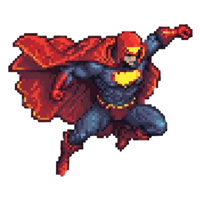 Omni-Man from Invincible, flying pose, red cape flowing, stern face, superhero suit, pixel art style sticker