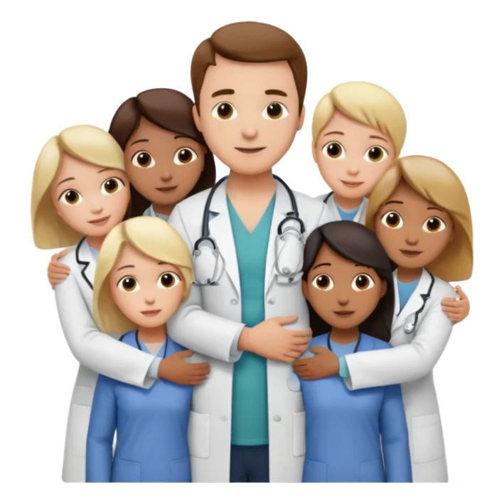 smedico abraçando varios pacientes, ele usando jaleco, e os pacientes usando roupas comuns sticker