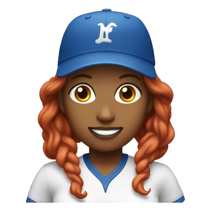 front facing standing up female coach with long red hair, wearing a white t-shirt and a simple baseball blue hat sticker