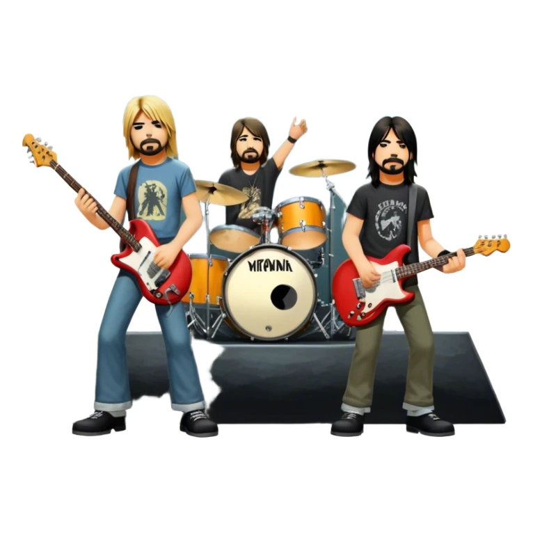 Icon for Rock Music: Nirvana performing on stage with Kurt Cobain on guitar and vocals, Krist Novoselic on bass, and Dave Grohl on drums. A grunge-inspired vibe with dynamic stage lighting and musical energy. Transparent background. sticker