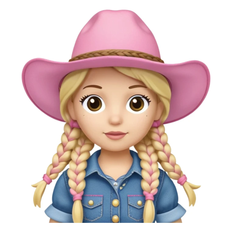 A soft plush cowgirl doll with a pink hat and blonde braids sticker