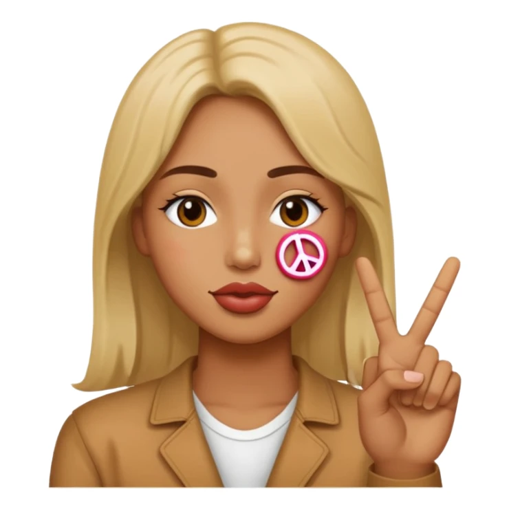 A person with a peace sign with a kissy face sticker