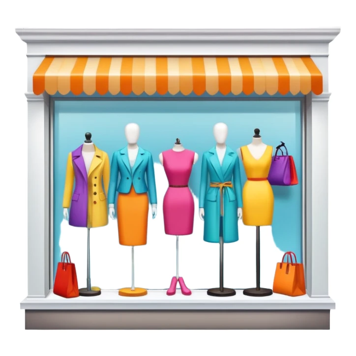 Storefront shop window with products displayed, mannequins, and clothing items sticker