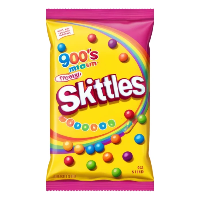 A 90s American Skittles candy package with bold colors, retro design elements, original 90s packaging with bright rainbow colors sticker