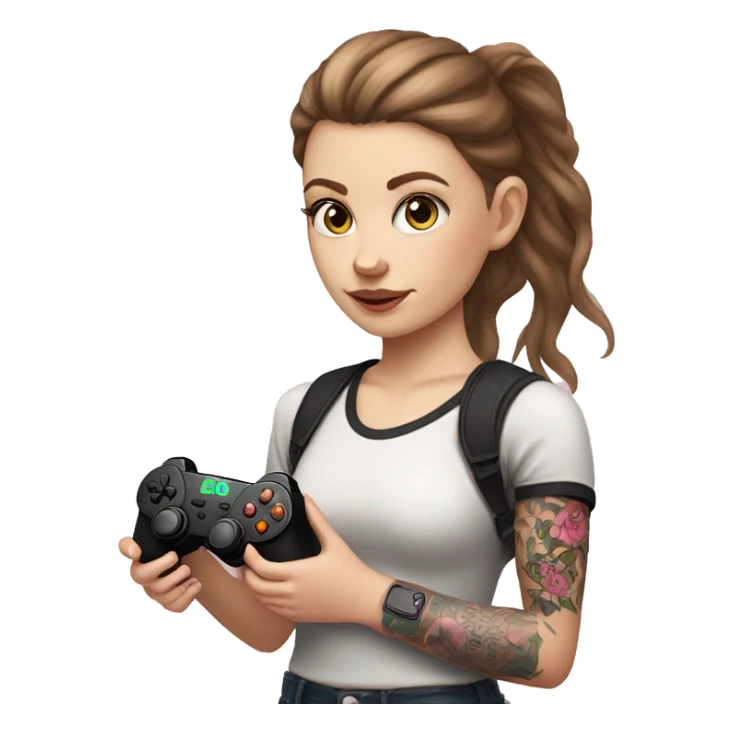 White girl with arm tattoo and brown hair holding a pink game controller sticker
