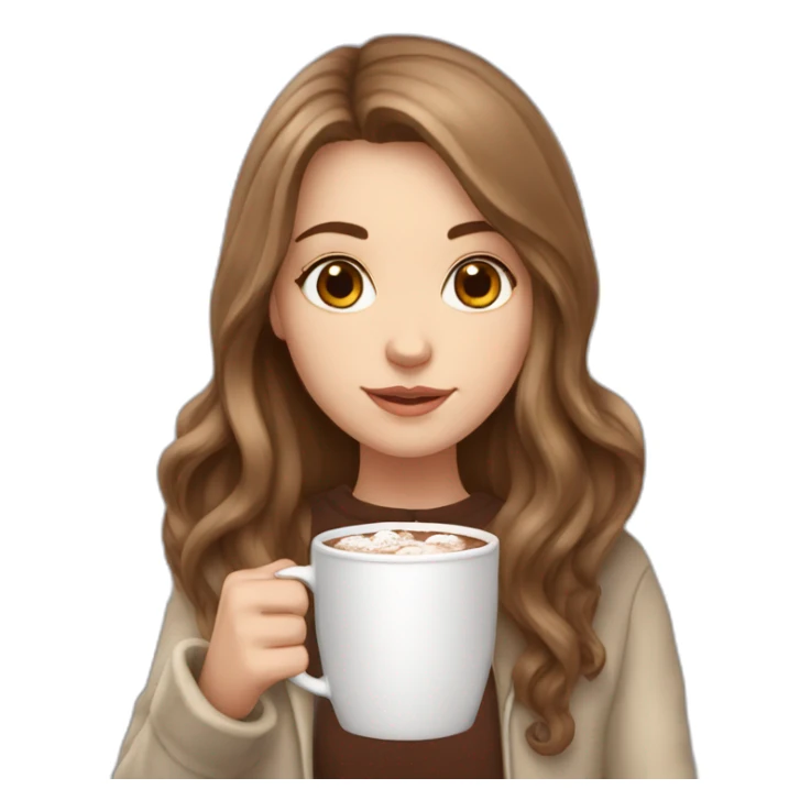 white girl with brown long hair and a hot chocolate sticker